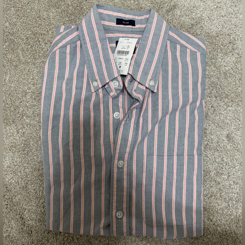 J. Crew Men's Casual Shirt - Gray and Pink Stripes
